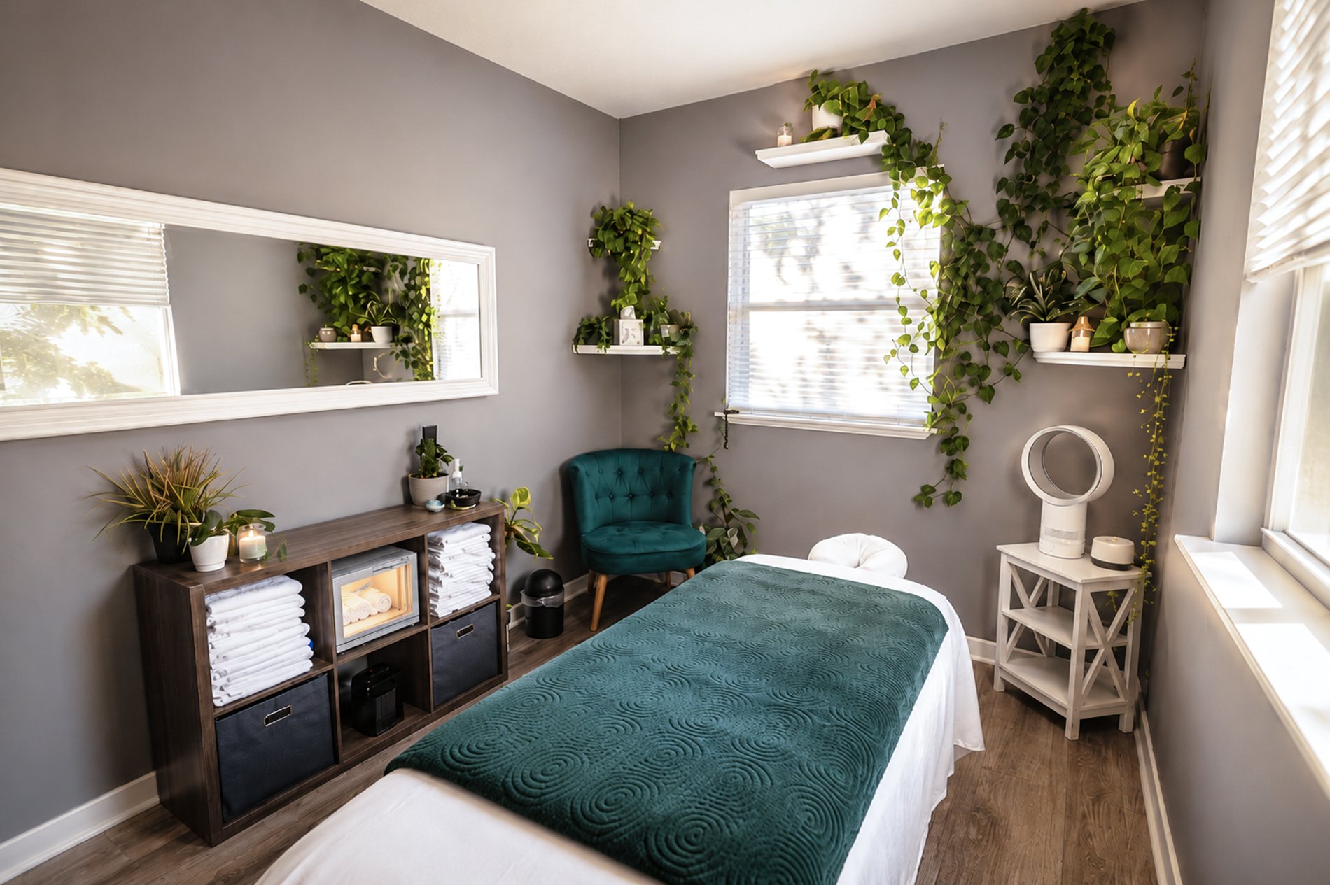 A furnished, professional massage treatment studio at CGW Studios in Orem, Utah.