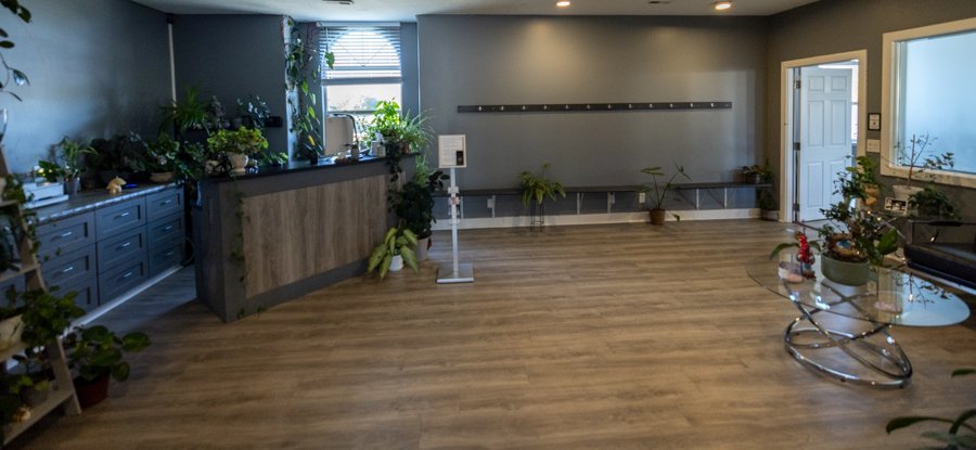 A wide view of the CGW Studios lobby with the reception desk visible from the entryway.