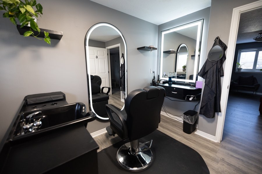 The wash station at Studio 6 with a backbar and professional lighting.