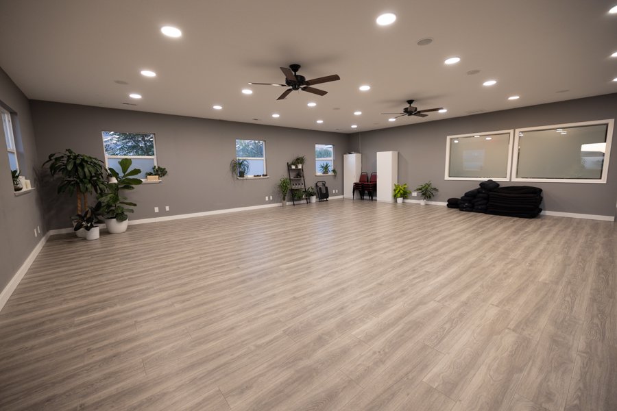 Wide view of the Yoga Studio at CGW Studios showing the 900 square foot open floor.